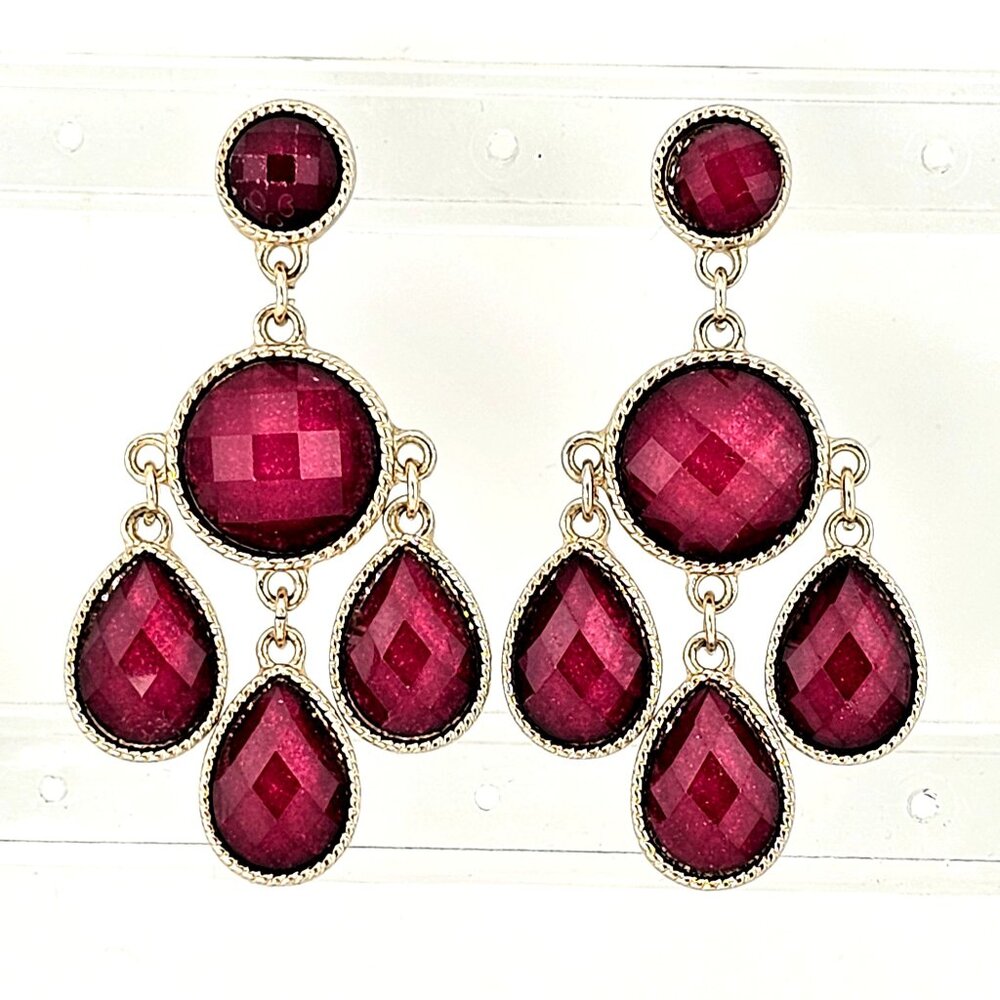 Burgundy Faceted Drop Earrings Gold Tone Teardrop Statement